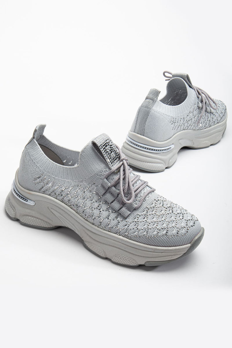 Women's Grey Knit Lace-Up High Heel Comfortable Sneaker - STREETMODE ™