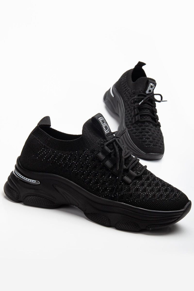 Women's Black Knit Lace-Up High Heel Comfortable Sneaker - STREETMODE ™