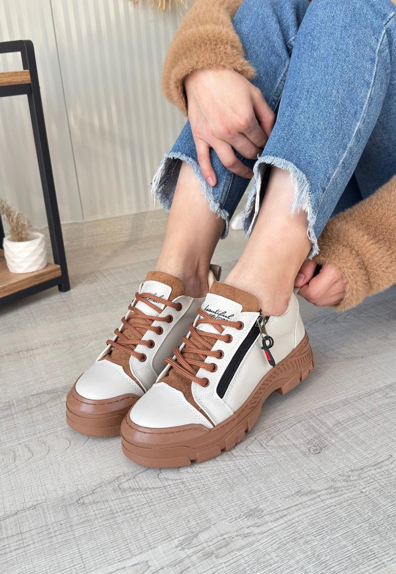 Women's Beige Leather Tan Soled Lace-Up Sneakers - STREETMODE ™