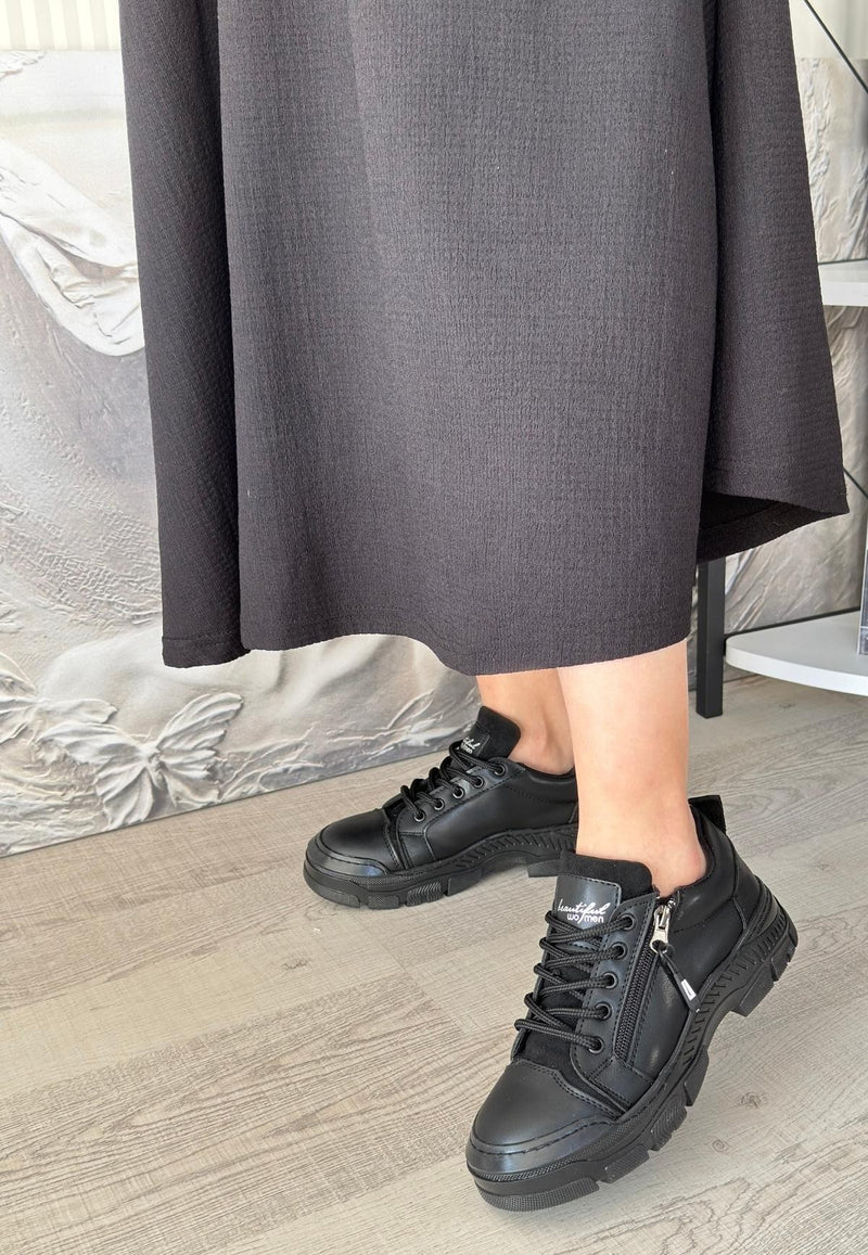 Women's Black Leather Lace-Up Sneakers - STREETMODE ™