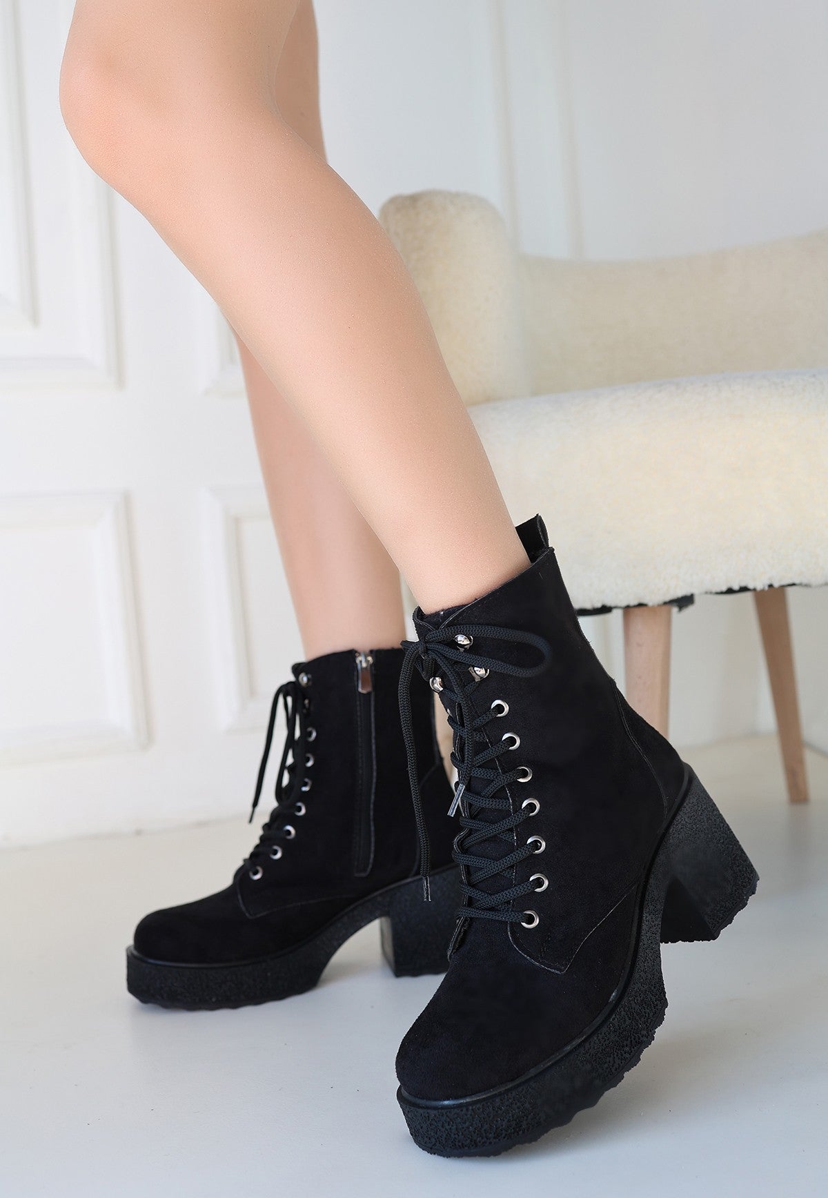 Women's Black Suede Lace-Up Boots - STREETMODE ™
