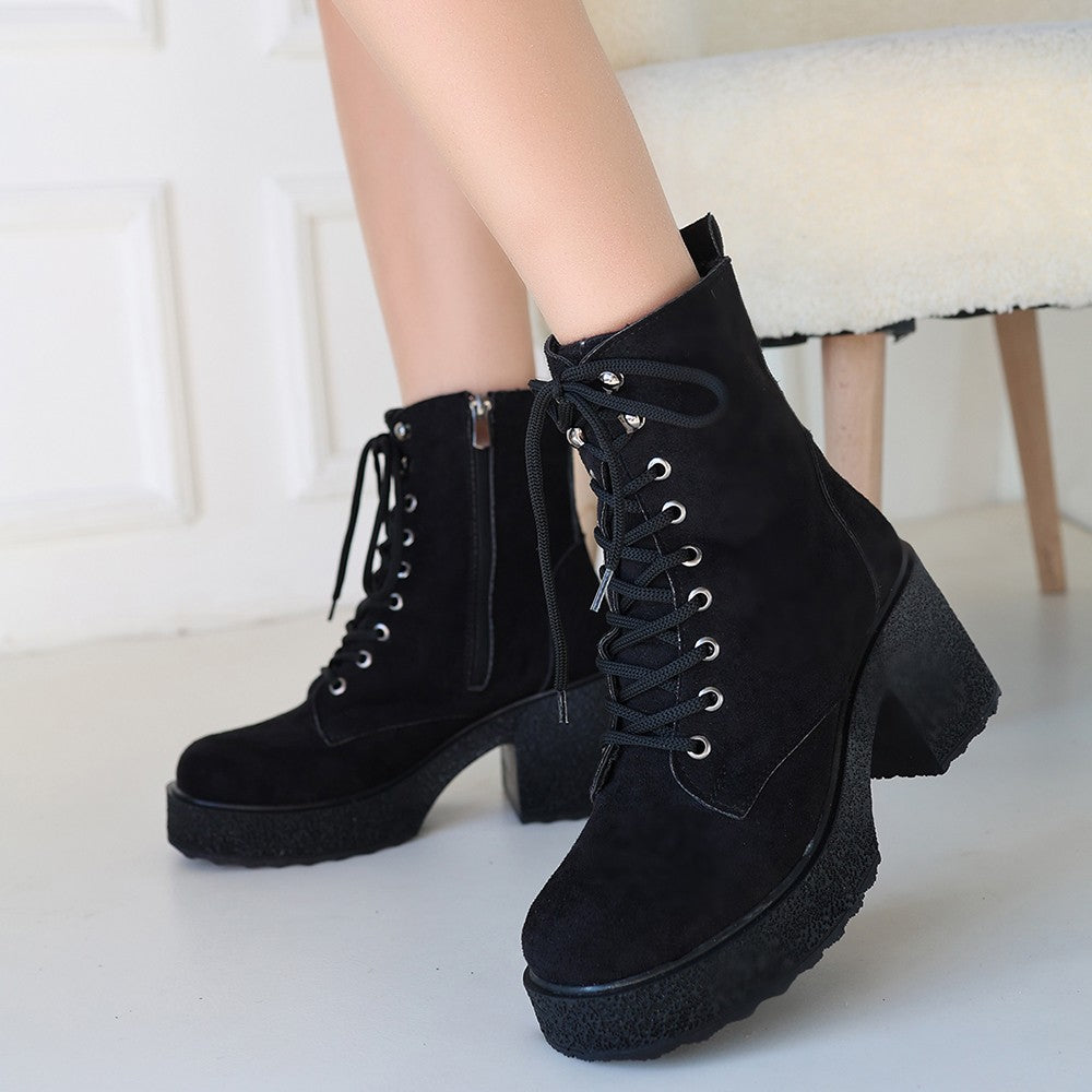Women's Black Suede Lace-Up Boots - STREETMODE ™