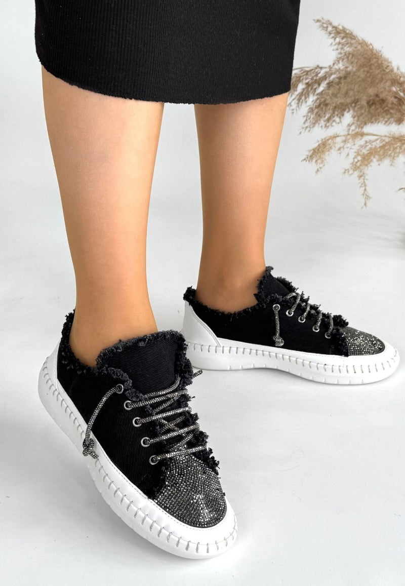 Women's Black Denim Lace-Up Sneakers - STREETMODE ™