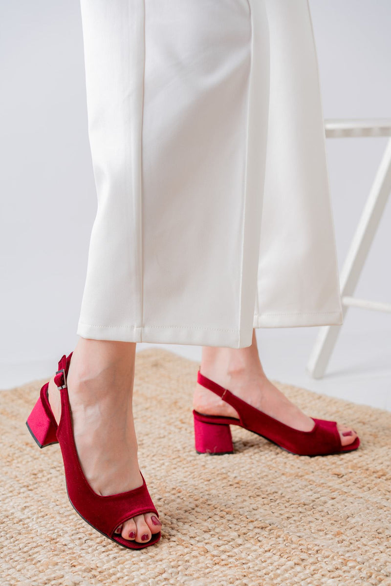 Burgundy Velvet Detailed Low Heeled Women's Shoes - STREETMODE ™