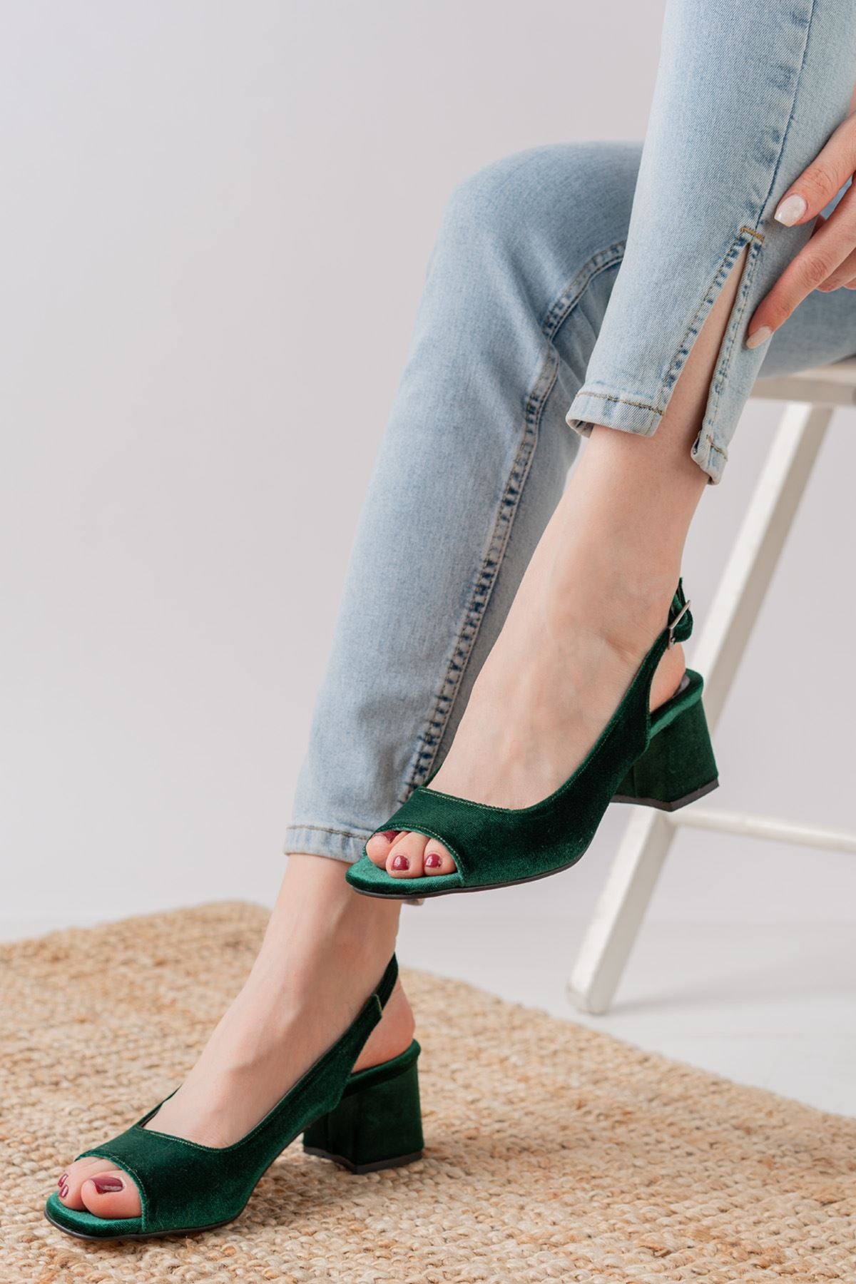 Eriola Khaki Velvet Detailed Low Heel Women's Shoes - STREET MODE ™