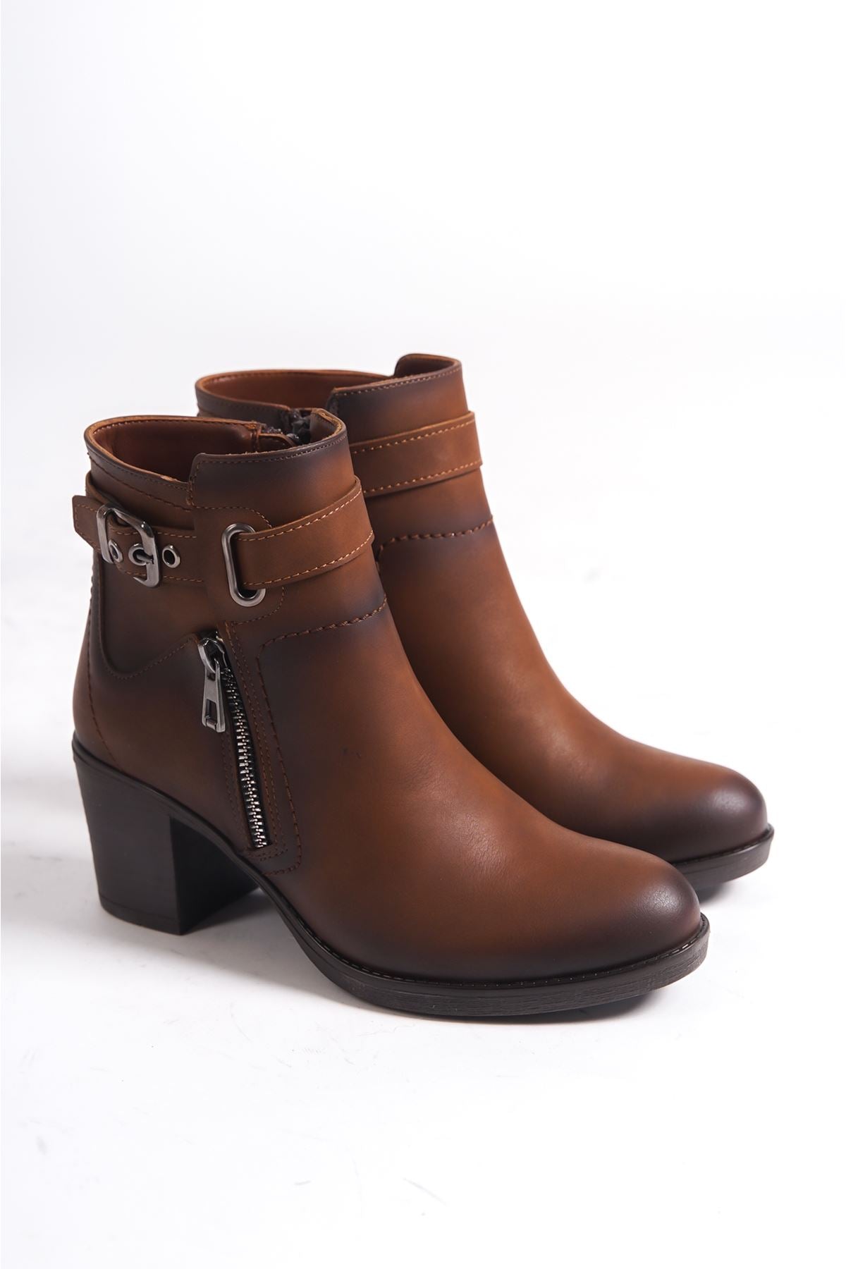 Women's Brown Thermo Sole Belted Zippered High Heel Boots - STREETMODE ™