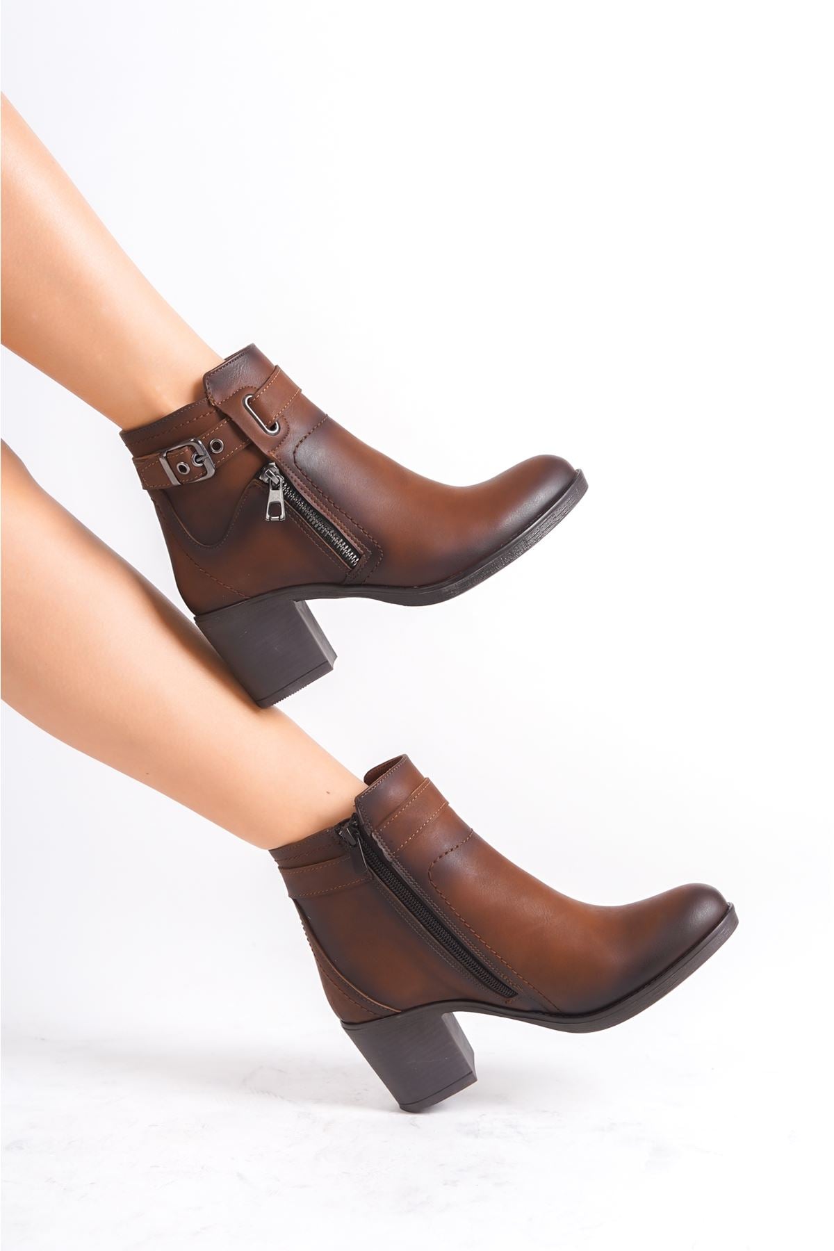 Women's Brown Thermo Sole Belted Zippered High Heel Boots - STREETMODE ™
