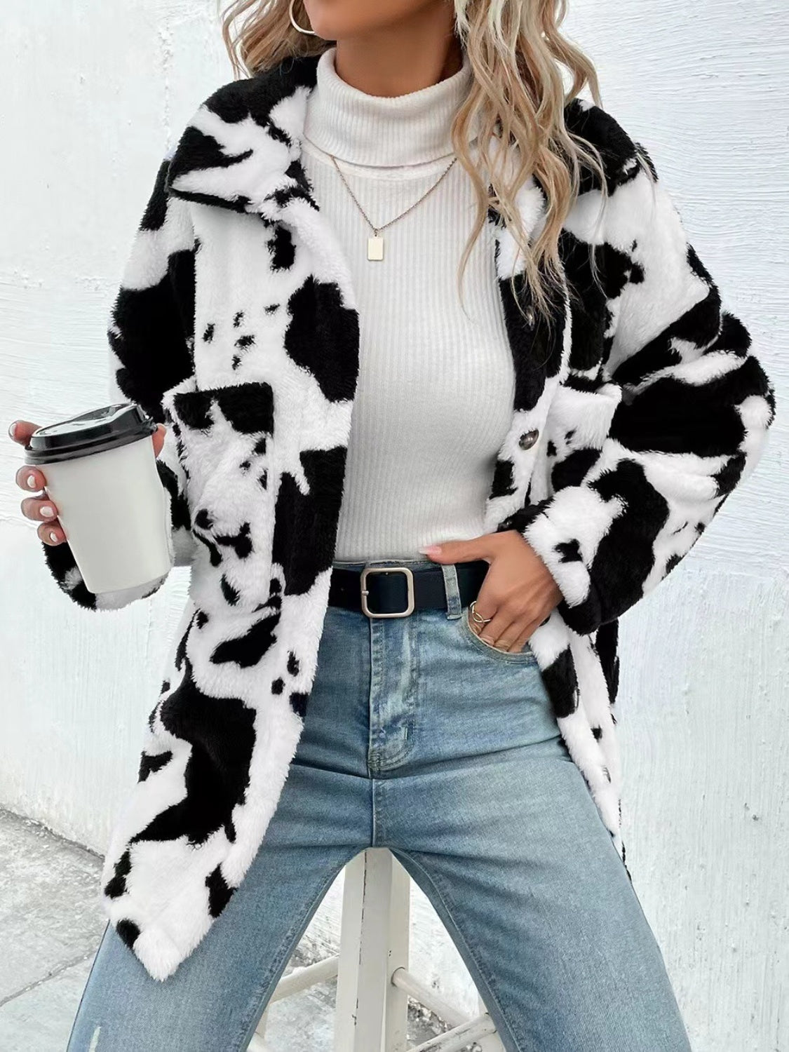 Cow Print Collared Neck Button Up Fuzzy Women Jacket - STREETMODE ™
