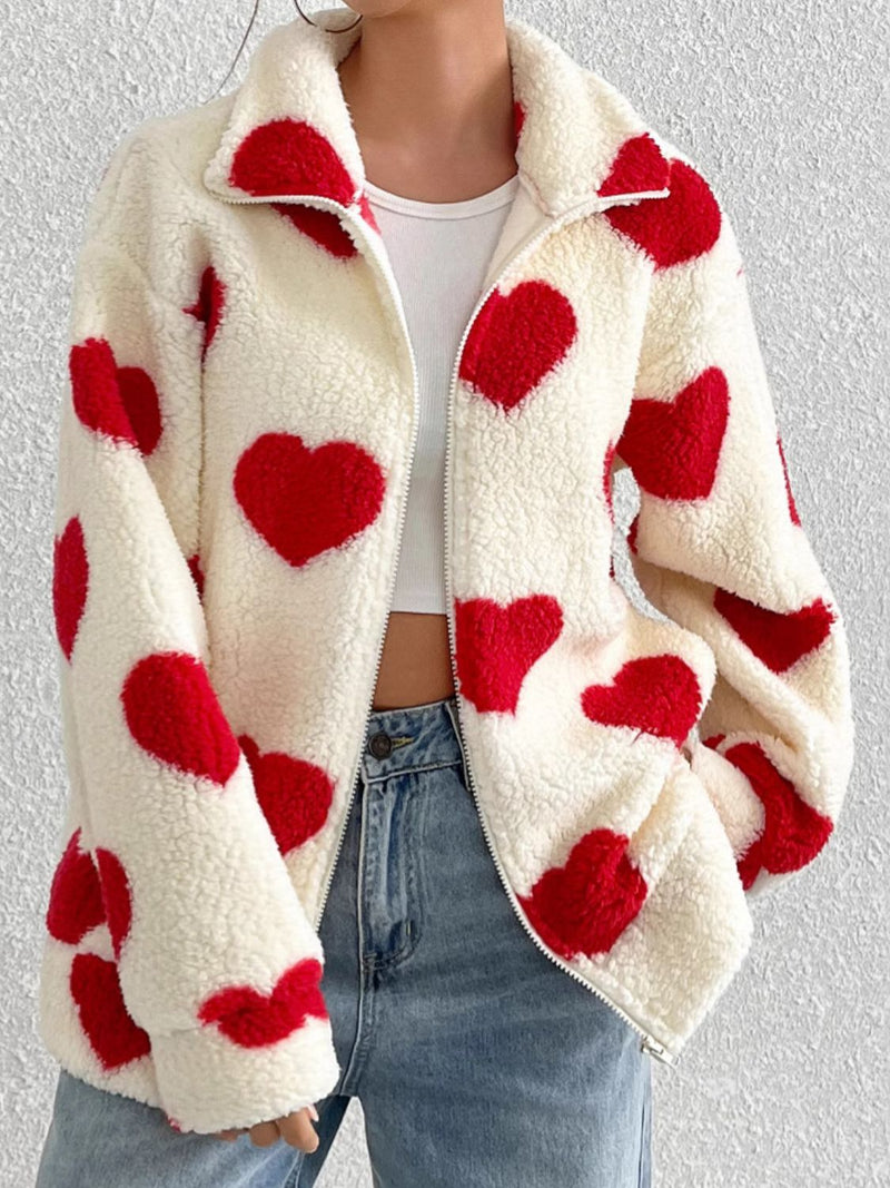 Heart Zip Up Drop Shoulder Furry Women Jacket - STREETMODE ā¢