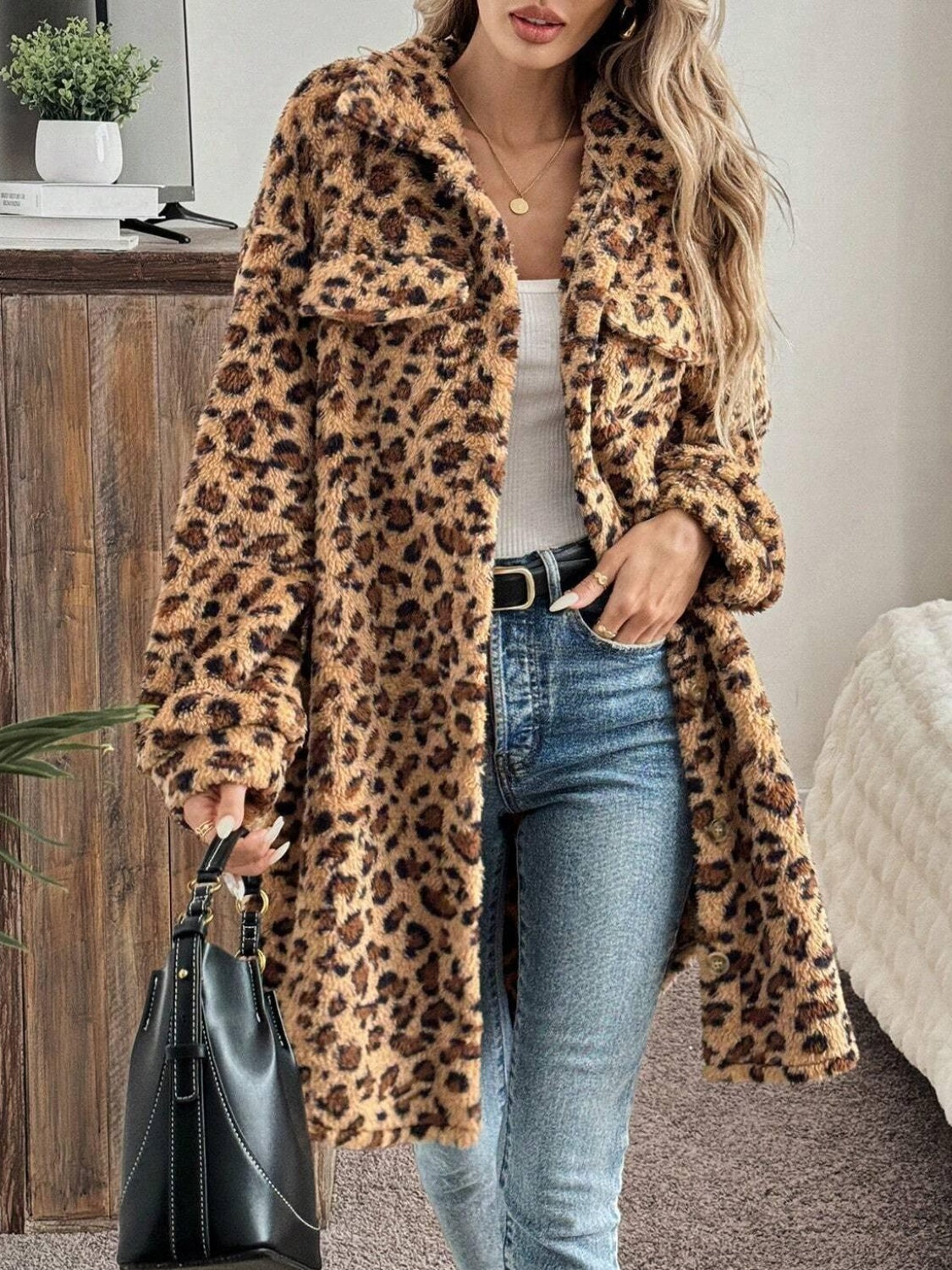 Leopard Button Up Long Sleeve Women Fuzzy Coat - STREETMODE ™
