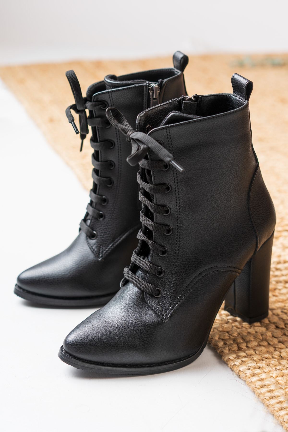 Black Leather High Heel Lace Detail Women's Boots - STREETMODE ™