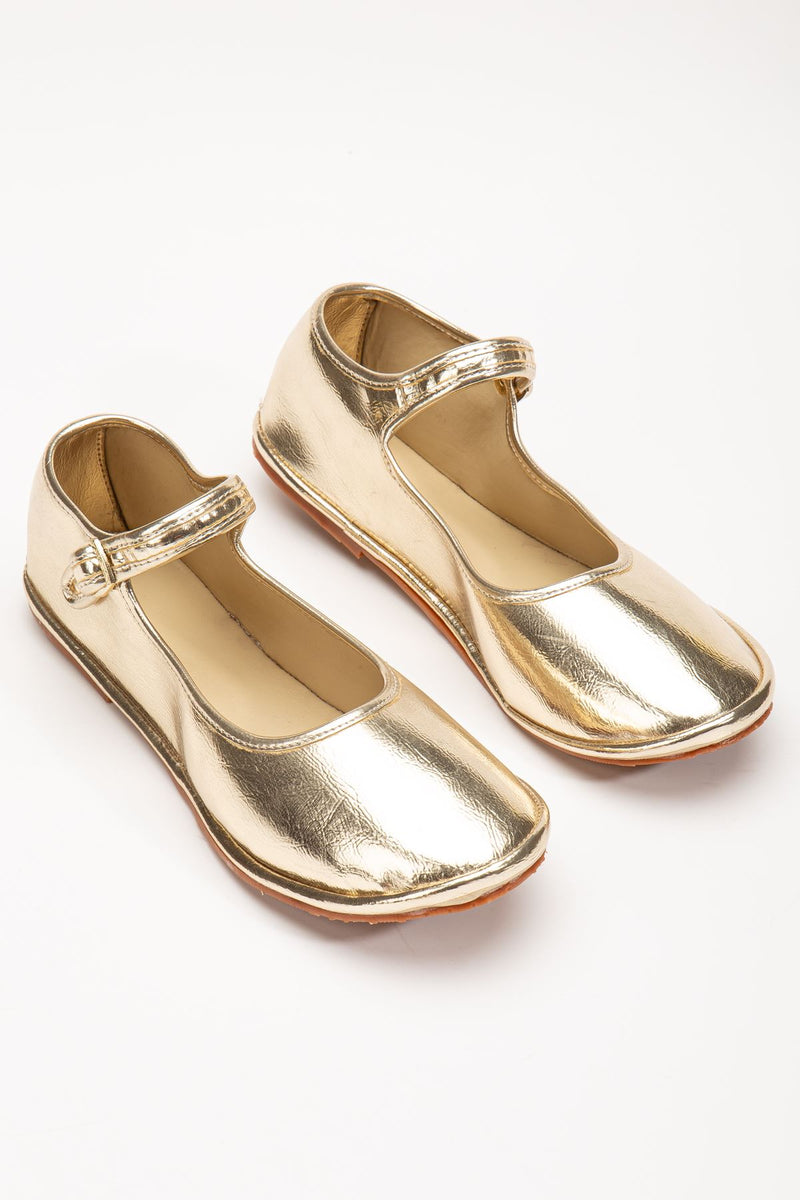 Gold Skin Buckle Detailed Flat Sole Women's Ballerinas - STREETMODE ™