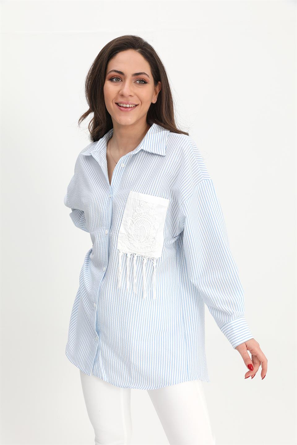 Women's Shirt Pocket Embroidery Tasseled See-through - Blue - STREET MODE ™