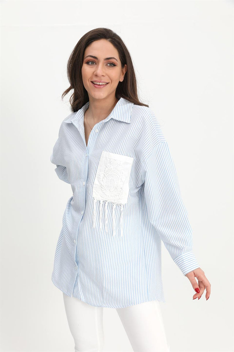 Women's Shirt Pocket Embroidery Tasseled See-through - Blue - STREET MODE ™