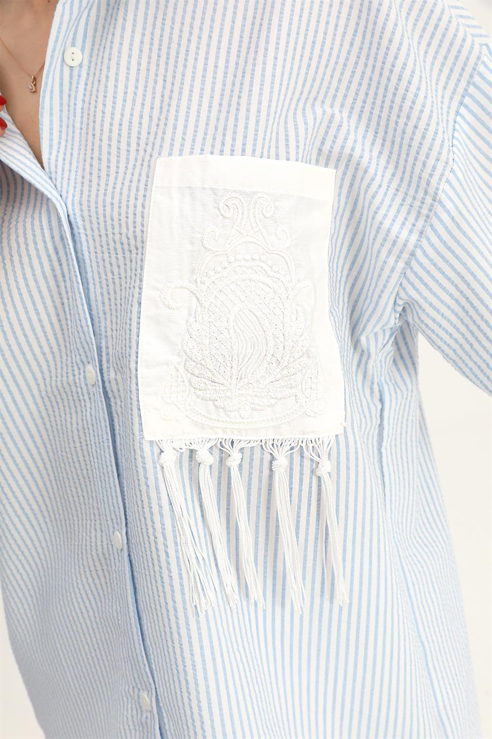 Women's Shirt Pocket Embroidery Tasseled See-through - Blue - STREET MODE ™