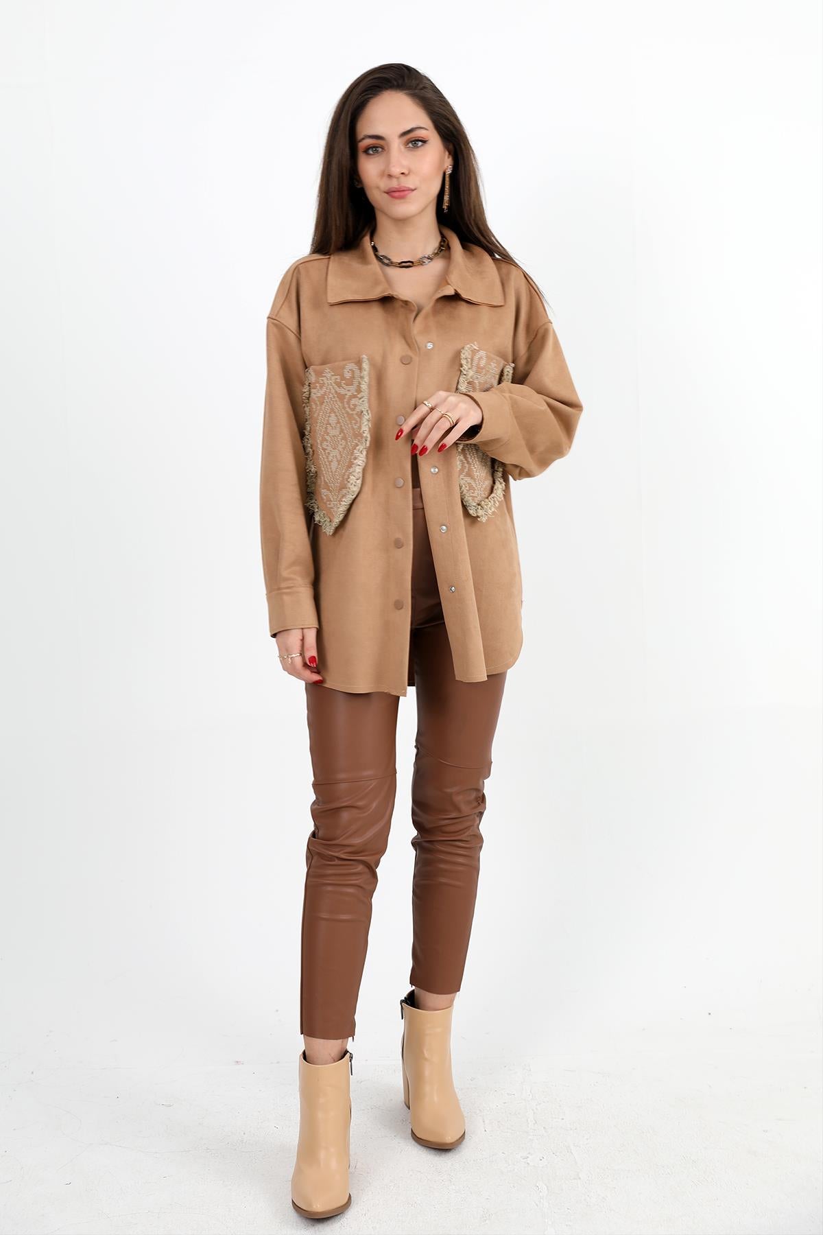 Women's Shirt Pocket Tasseled Embroidered Suede - Camel - STREETMODE ™