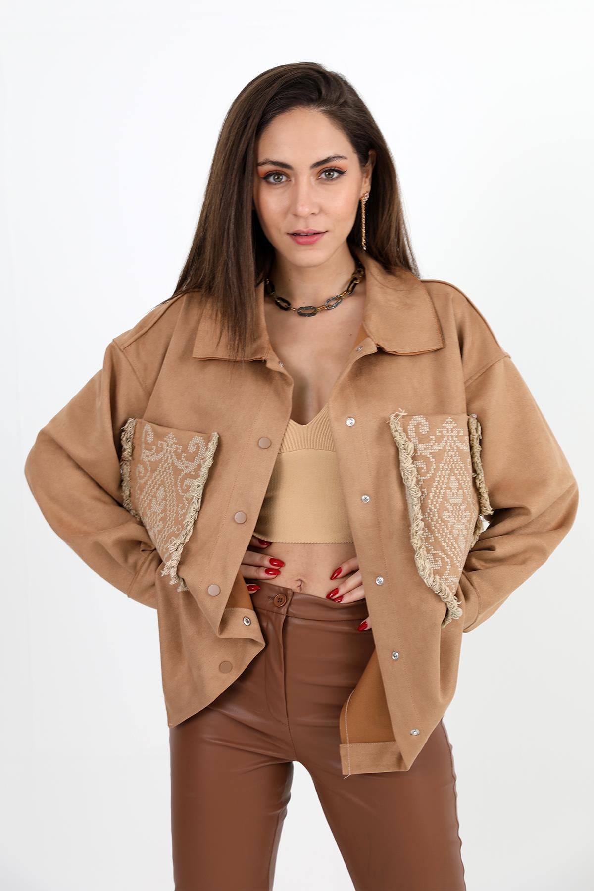 Women's Shirt Pocket Tasseled Embroidered Suede - Camel - STREETMODE ™