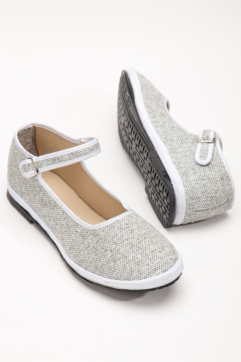Gray Linen Buckle Detailed Flat Sole Women's Ballerinas - STREETMODE ™