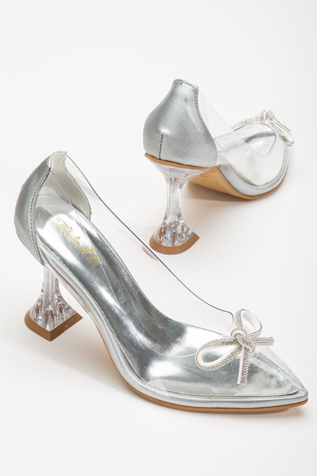 Women's Silver Stiletto Stone Transparent Heeled Shoes - STREETMODE ™