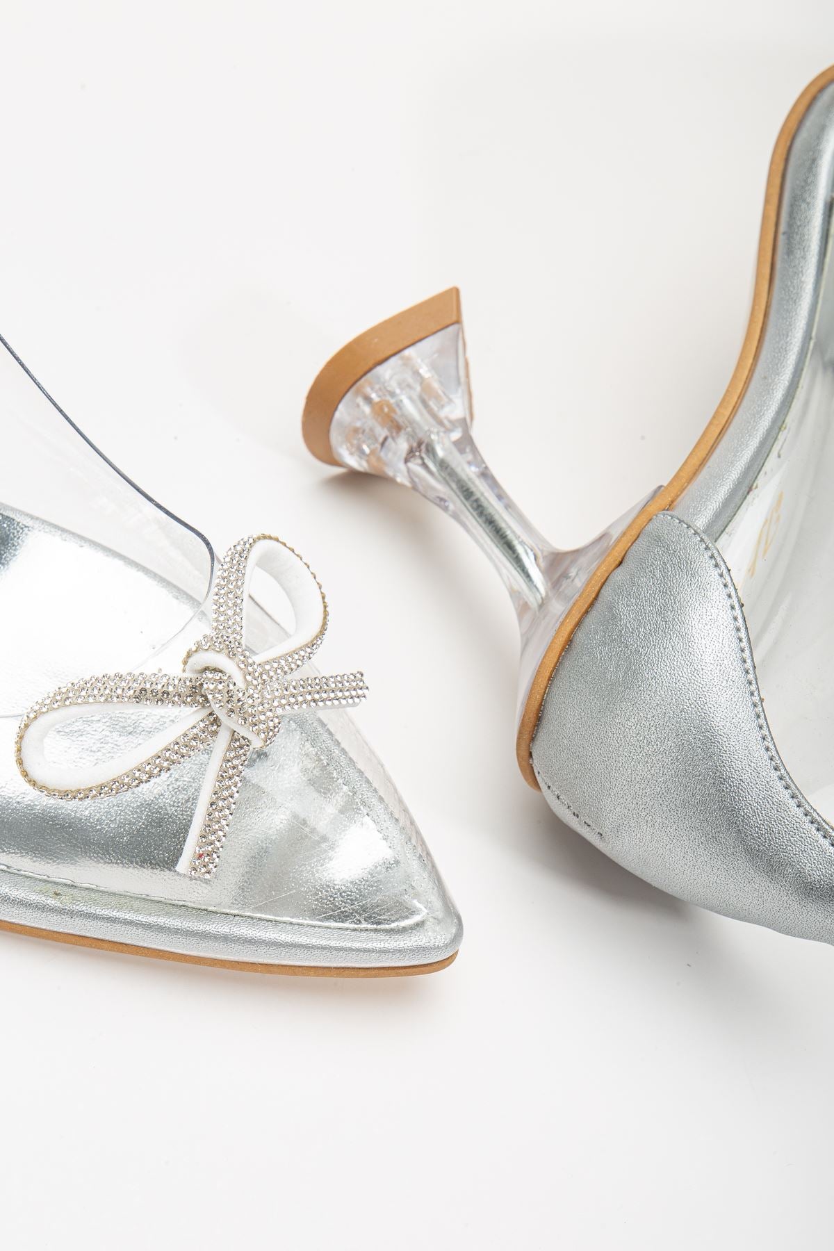 Women's Silver Stiletto Stone Transparent Heeled Shoes - STREETMODE ™