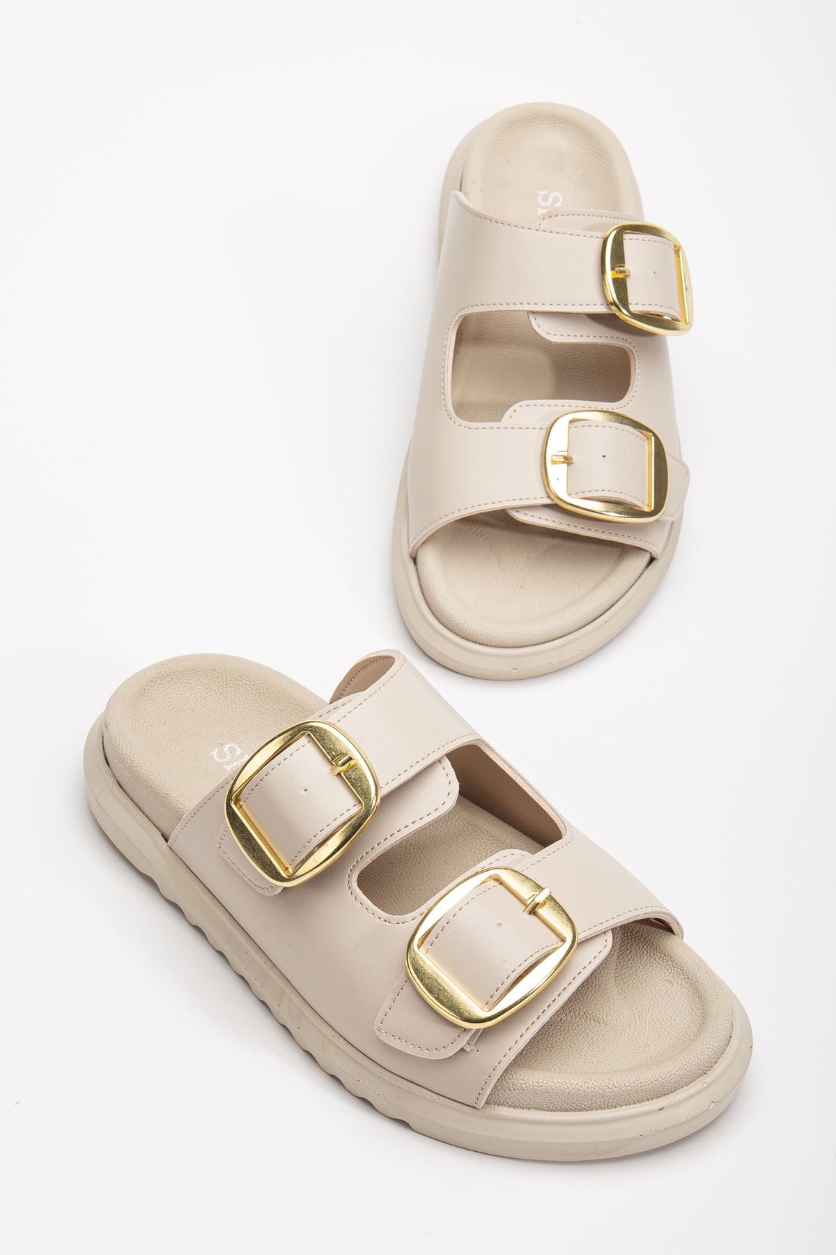 Women's Double Buckled Soft Soled Casual Beige Slippers - STREETMODE ™