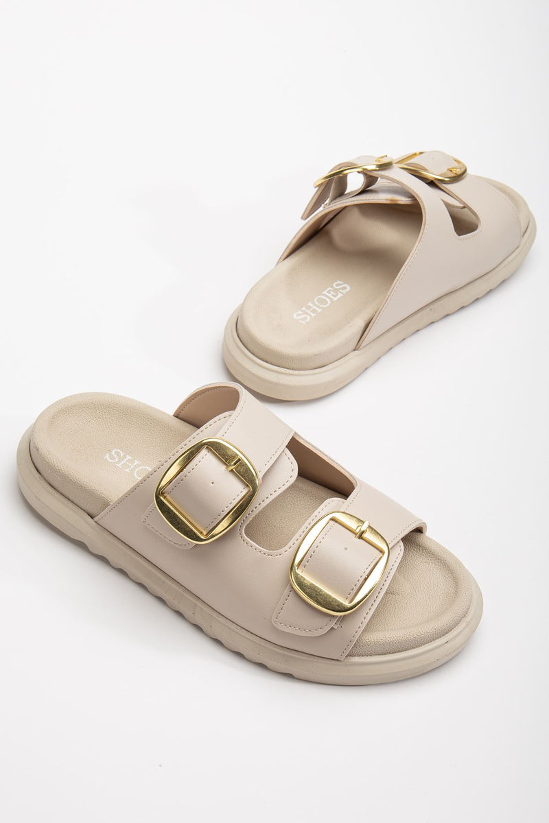 Women's Double Buckled Soft Soled Casual Beige Slippers - STREETMODE ™
