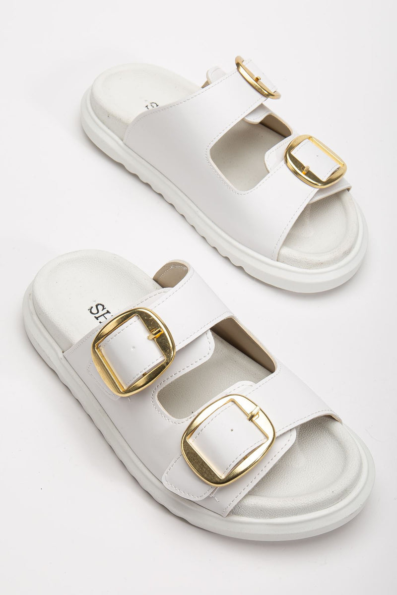 Women's Double Buckled Soft Soled Casual White Slippers - STREETMODE ™