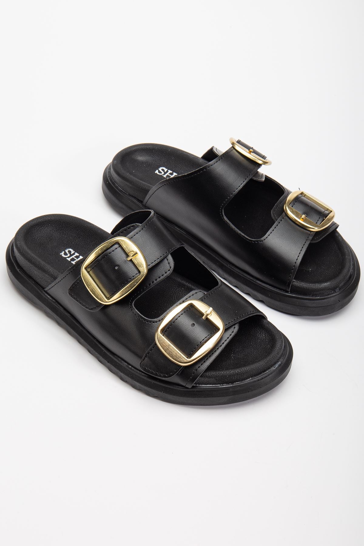 Women's Double Buckled Soft Soled Casual Black Slippers - STREETMODE ™