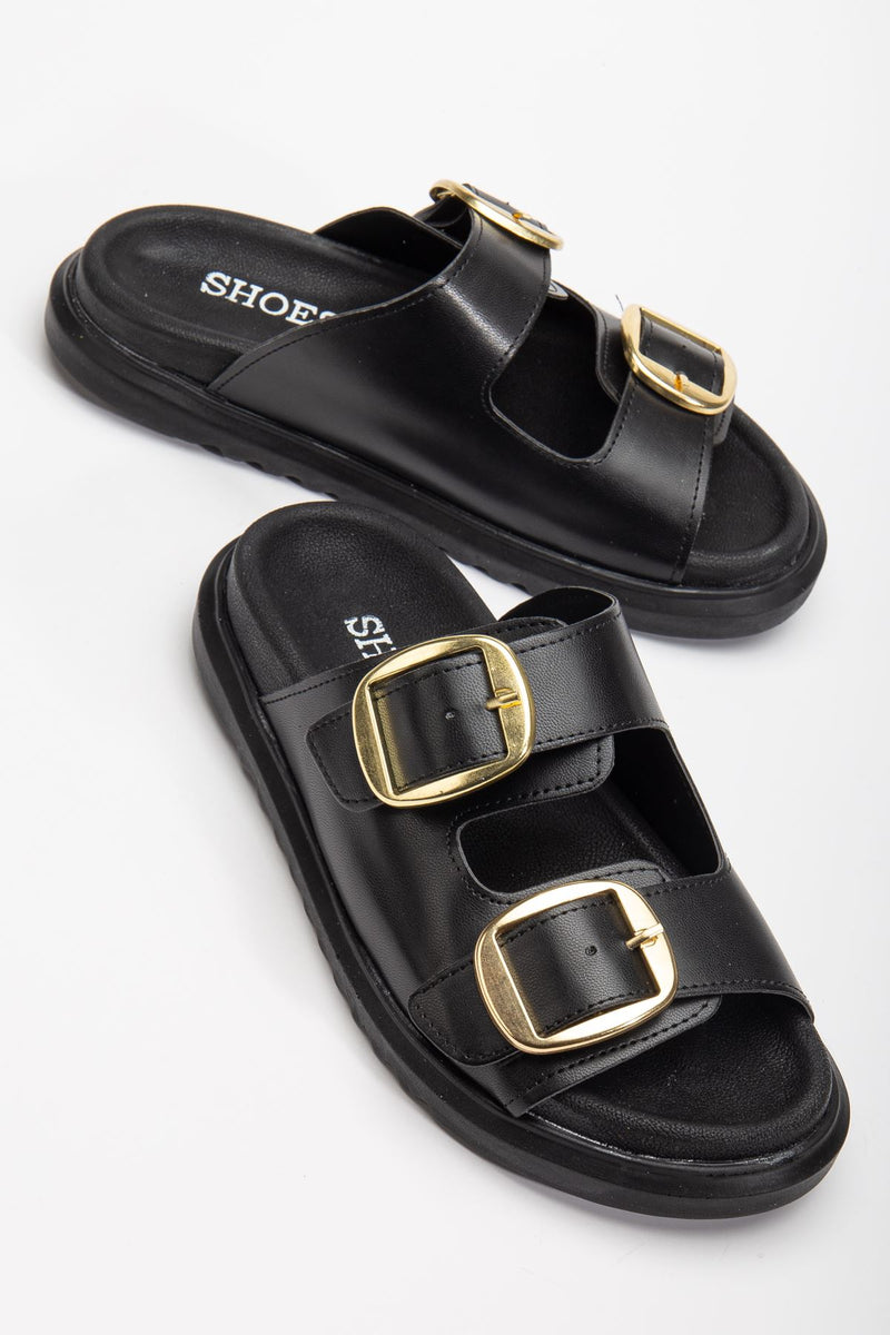 Women's Double Buckled Soft Soled Casual Black Slippers - STREETMODE ™