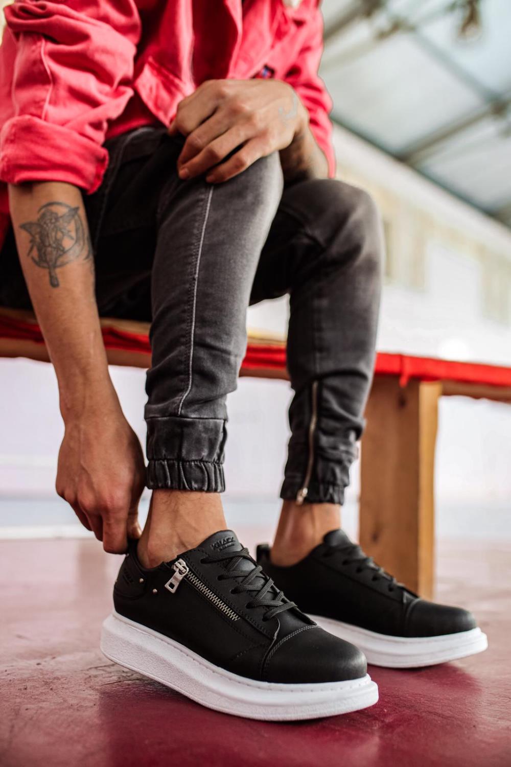 High Base Daily Sneaker Shoes 555 Black White - STREETMODE ™