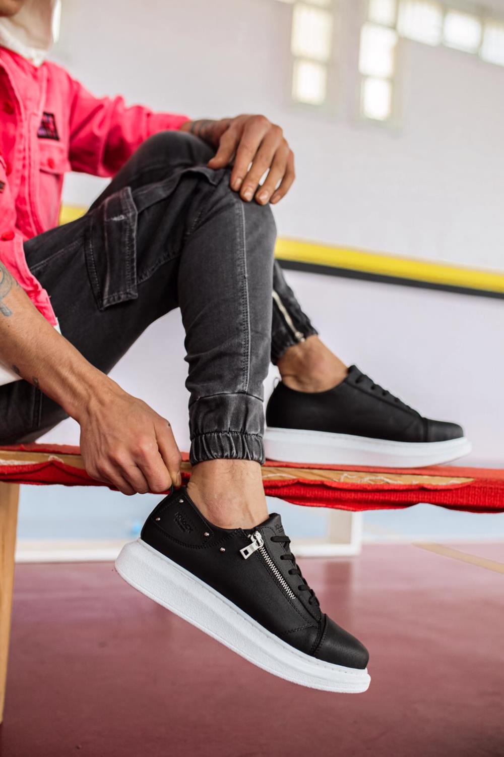 High Base Daily Sneaker Shoes 555 Black White - STREETMODE ™