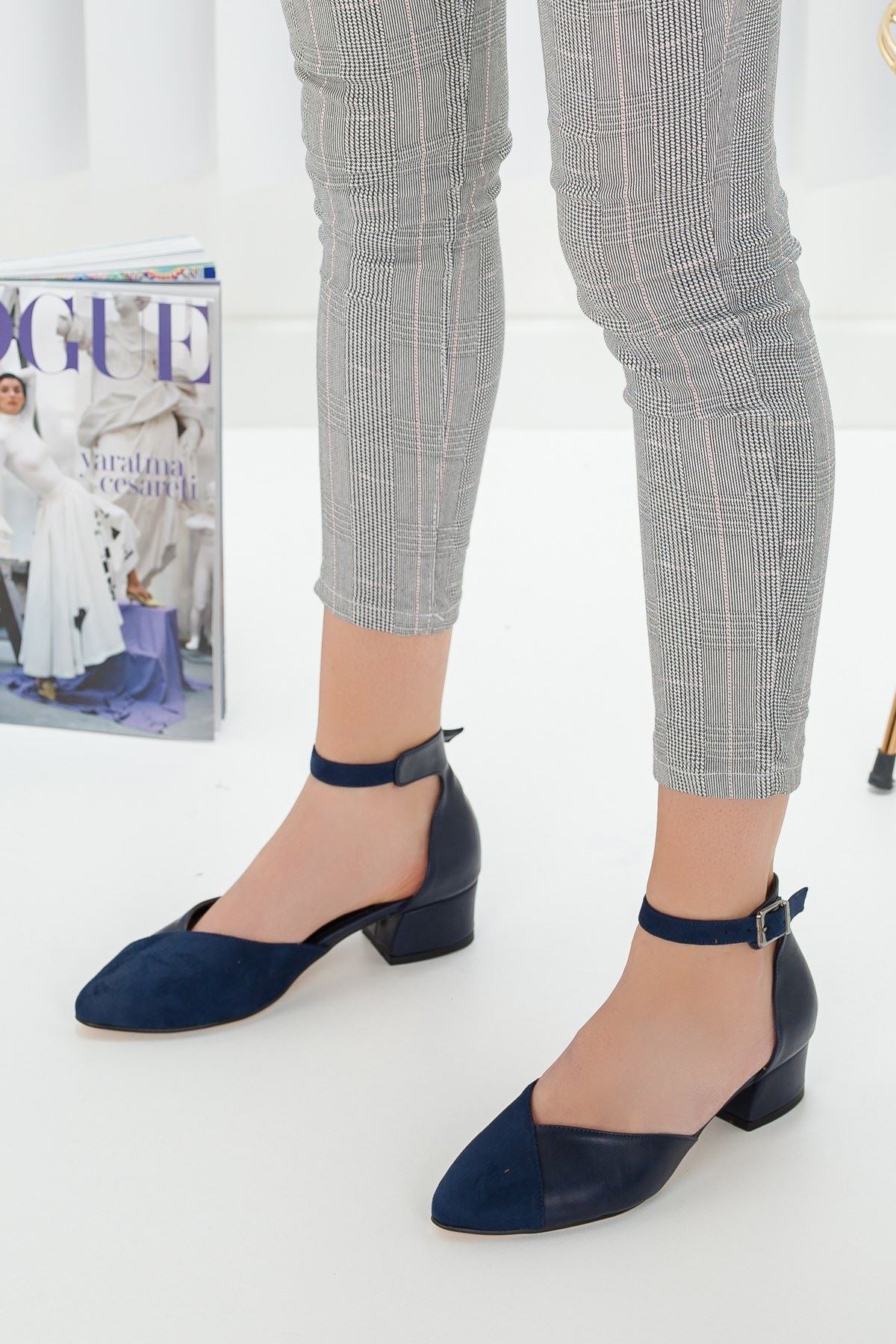 Women's Holly Navy Blue Skin-Suede Heeled Shoes - STREET MODE ™
