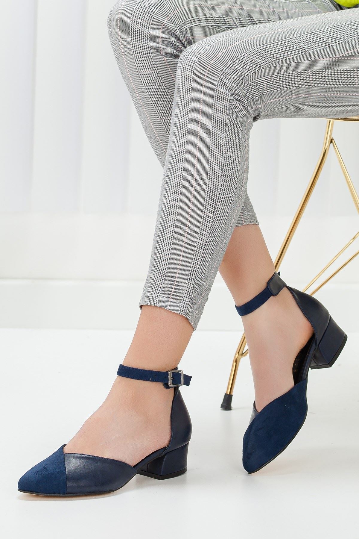 Women's Holly Navy Blue Skin-Suede Heeled Shoes - STREET MODE ™