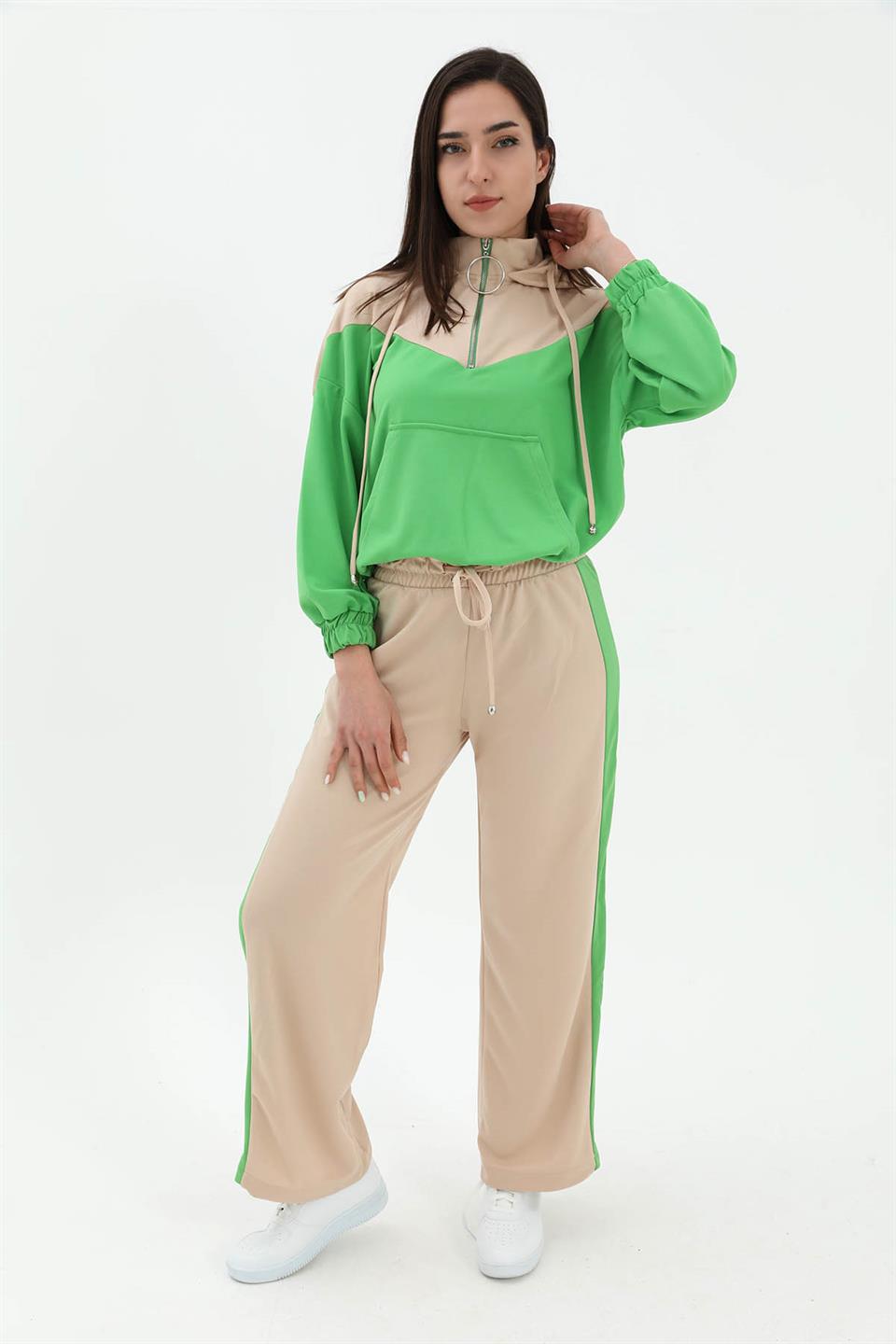 Women's Two Color Atlas Fabric Tracksuit Set - Green - STREETMODE ™