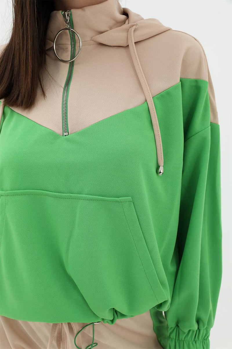 Women's Two Color Atlas Fabric Tracksuit Set - Green - STREETMODE ™