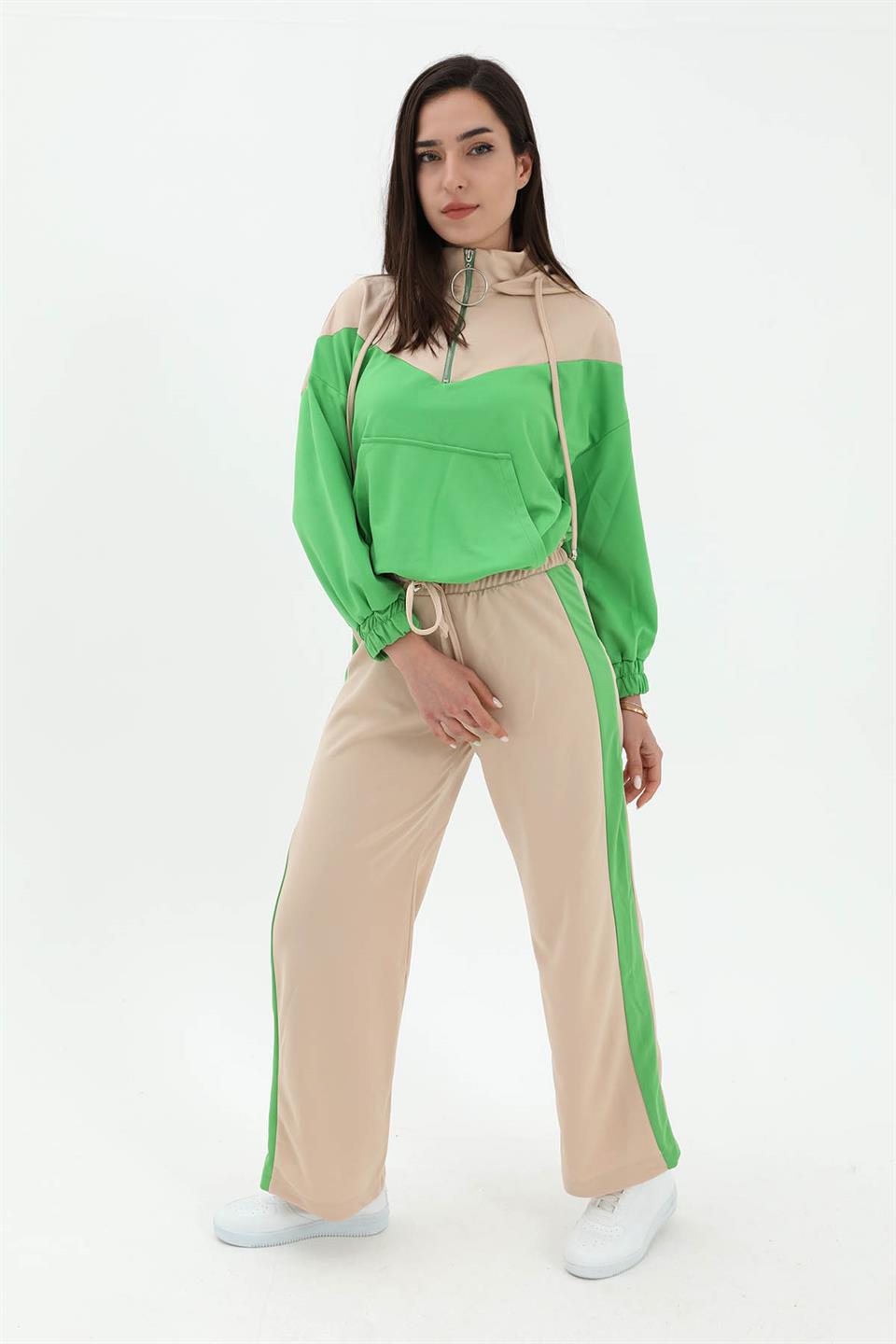 Women's Two Color Atlas Fabric Tracksuit Set - Green - STREETMODE ™