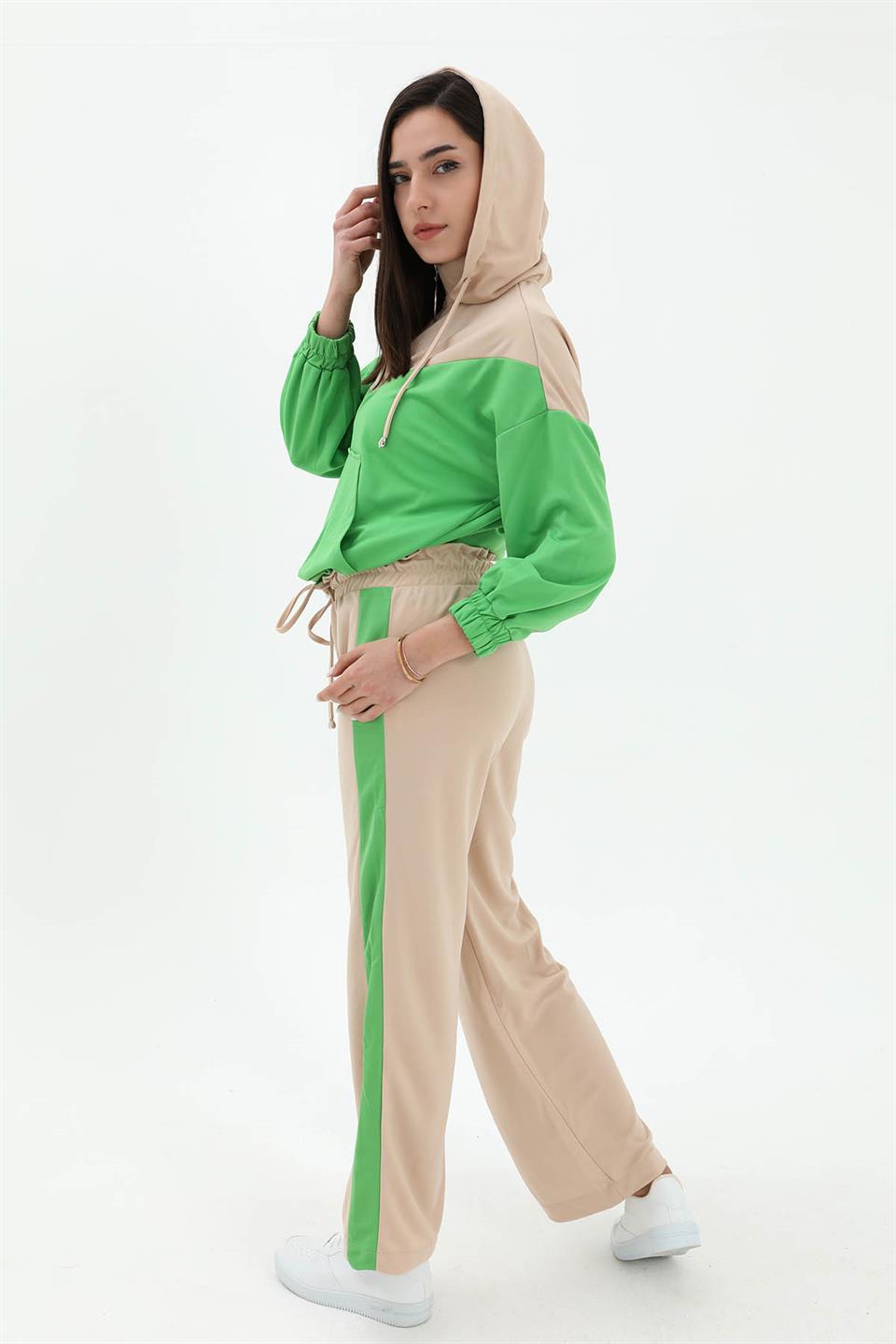 Women's Two Color Atlas Fabric Tracksuit Set - Green - STREETMODE ™
