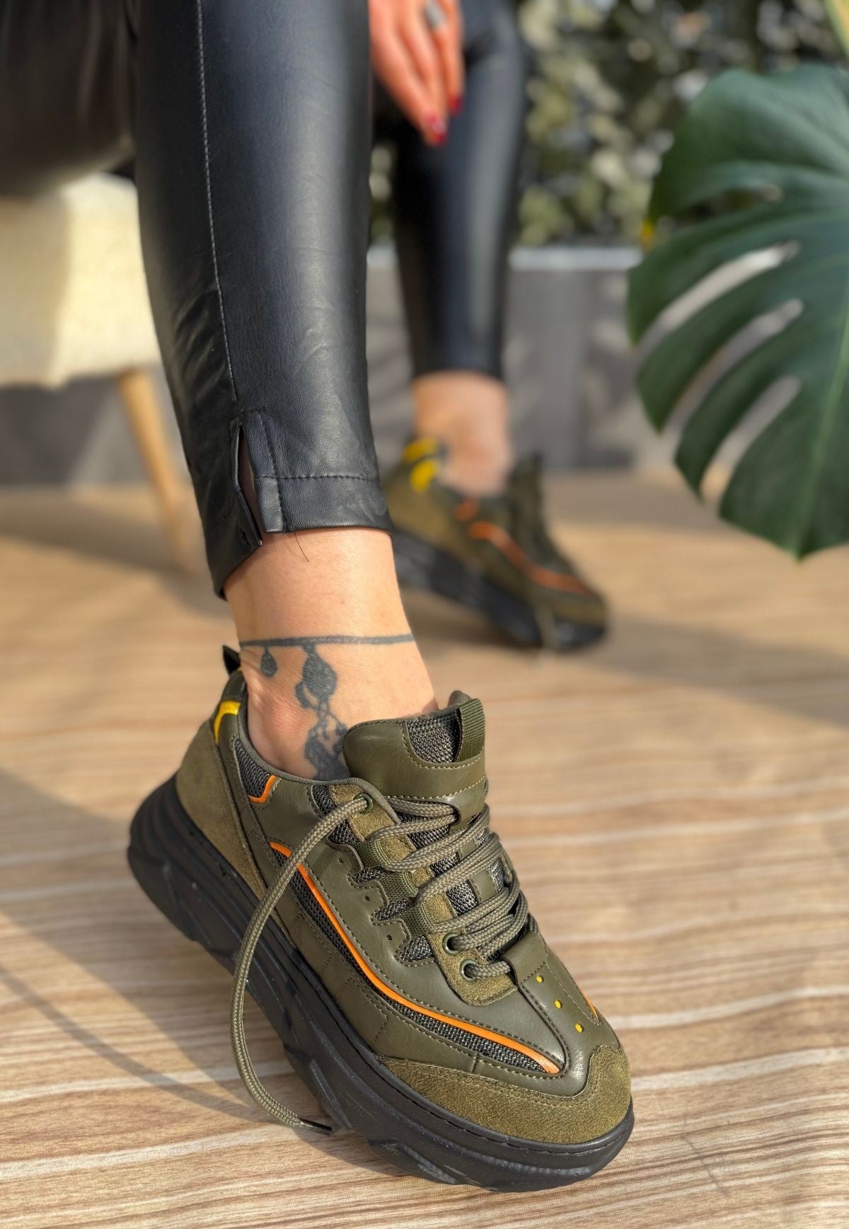Women's Green Suede Orange Detailed Sneakers - STREETMODE ™