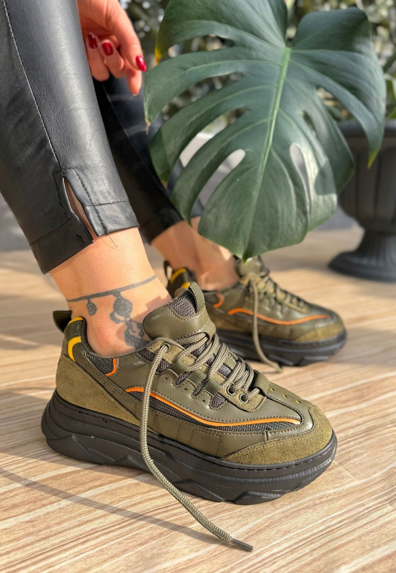 Women's Green Suede Orange Detailed Sneakers - STREETMODE ™