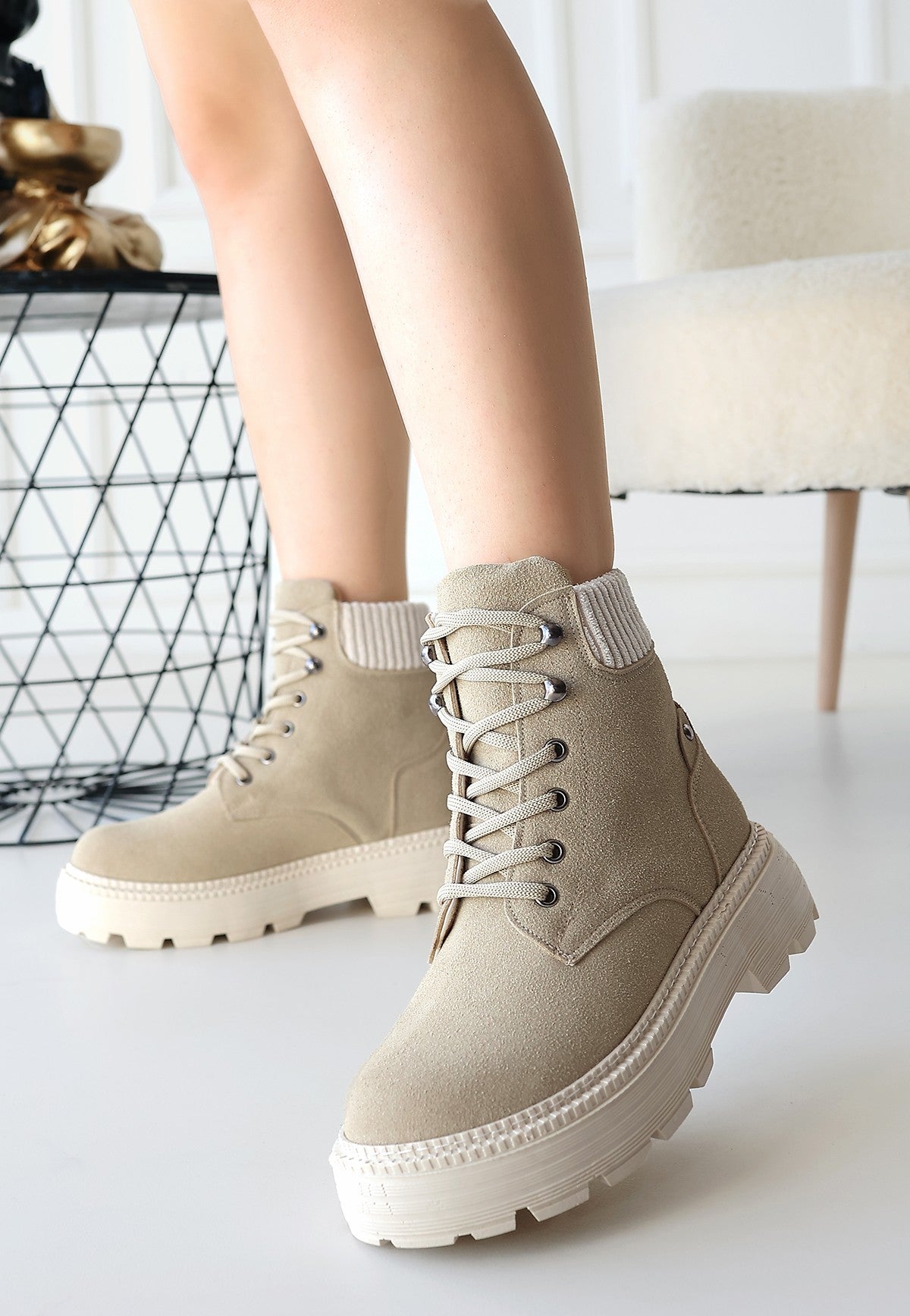Women's Dark Beige Lace-Up Boots - STREETMODE ™