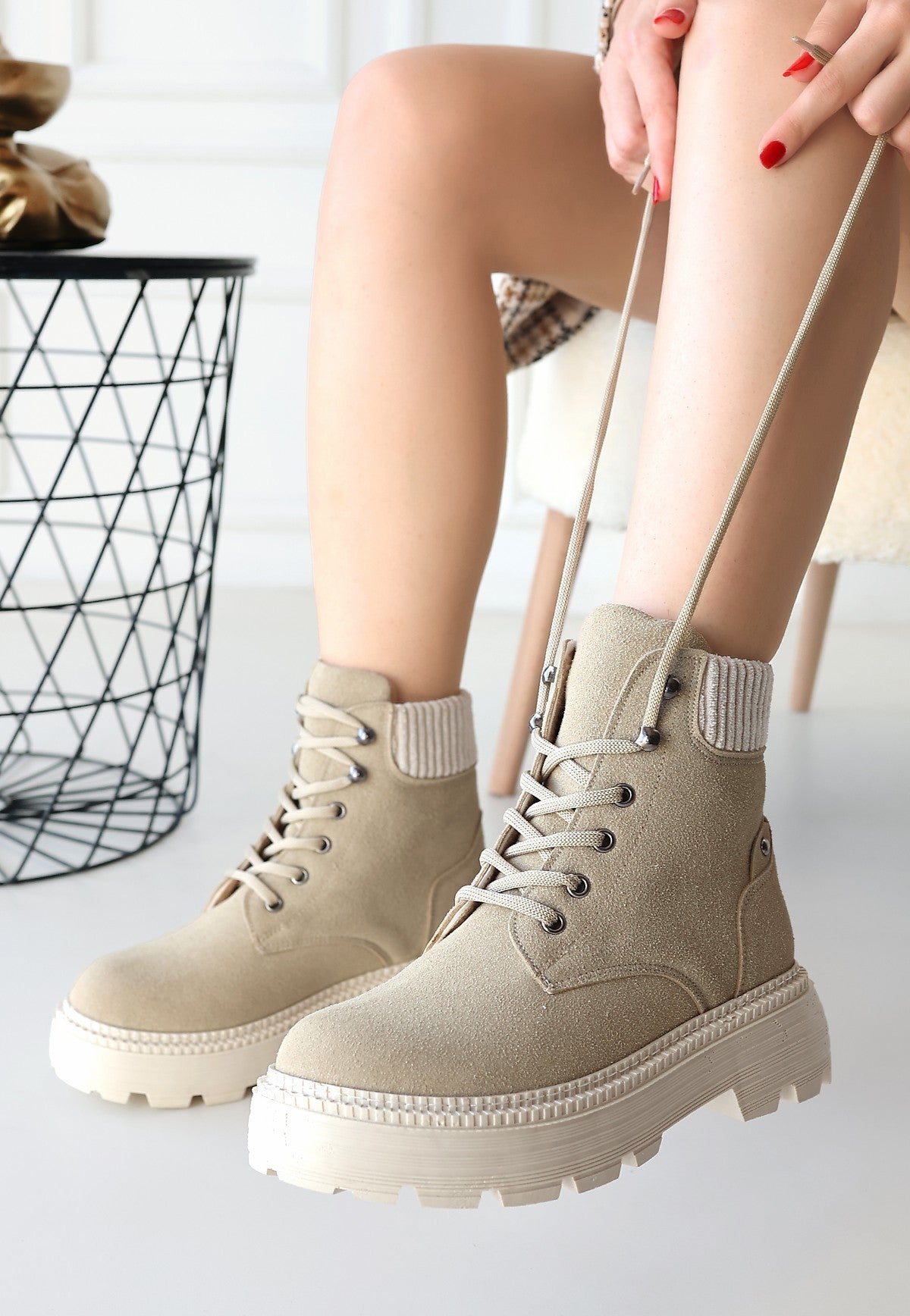 Women's Dark Beige Lace-Up Boots - STREETMODE ™