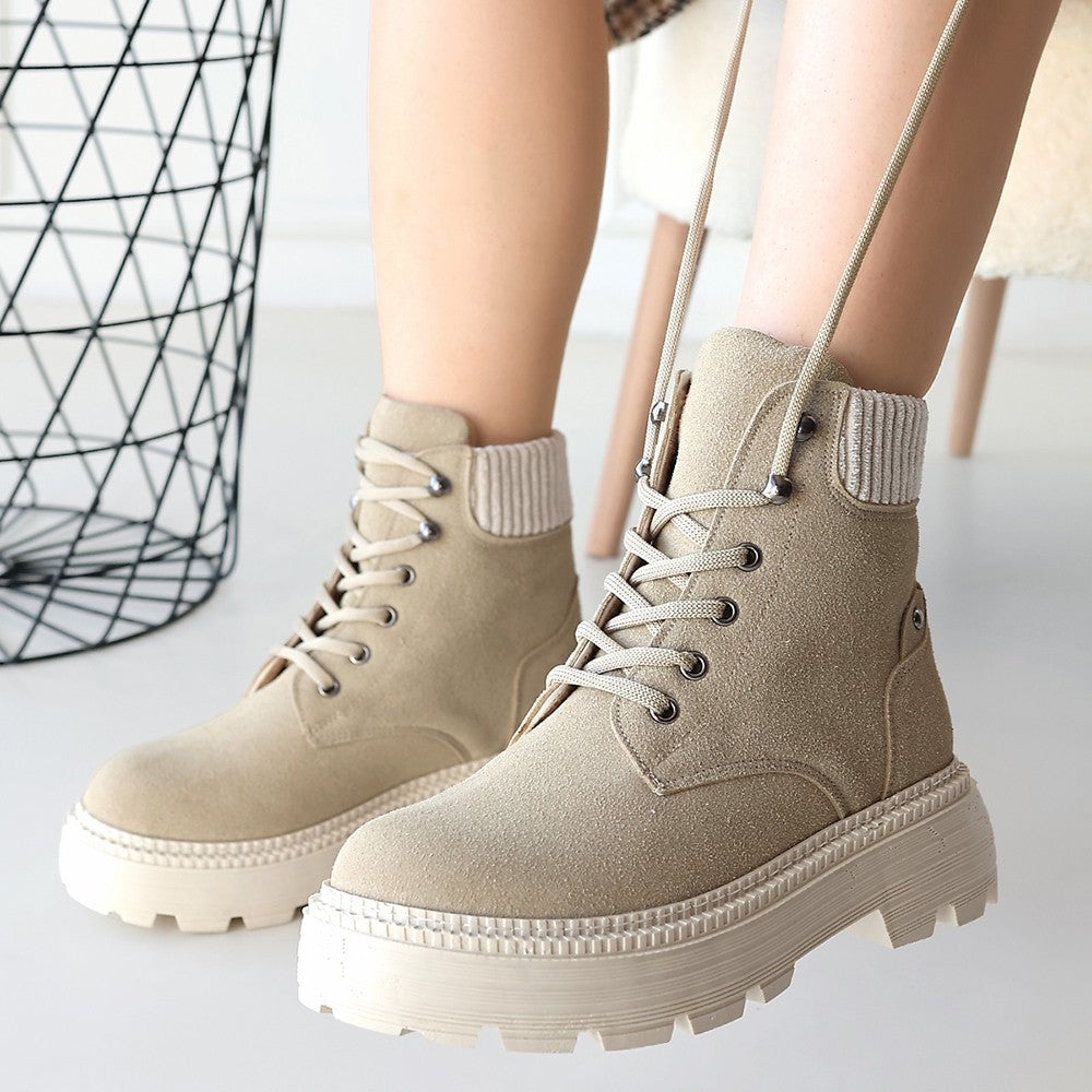 Women's Dark Beige Lace-Up Boots - STREETMODE ™