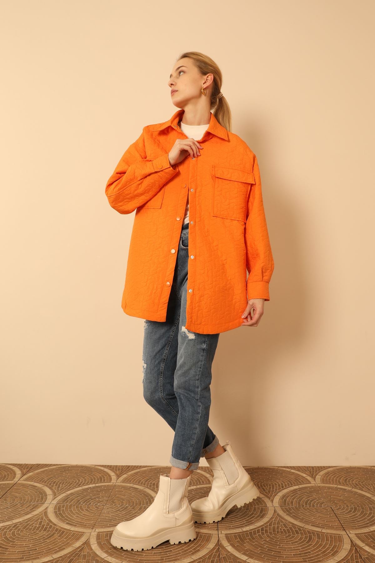 Jacquard Fabric Geometric Pattern Oversize Women's Shirt-Orange - STREETMODE ™