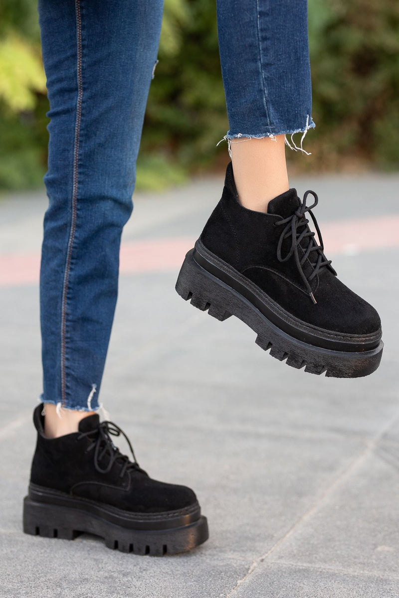 Black Suede High Heel Detailed Lace-Up Women's Boots - STREETMODE ™