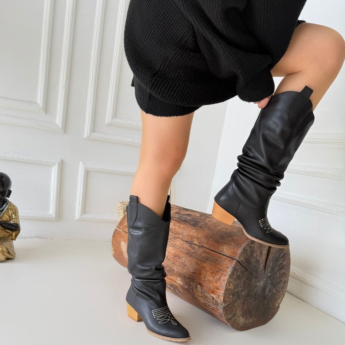 Women's Black Leather High Heel Boots - STREETMODE ™