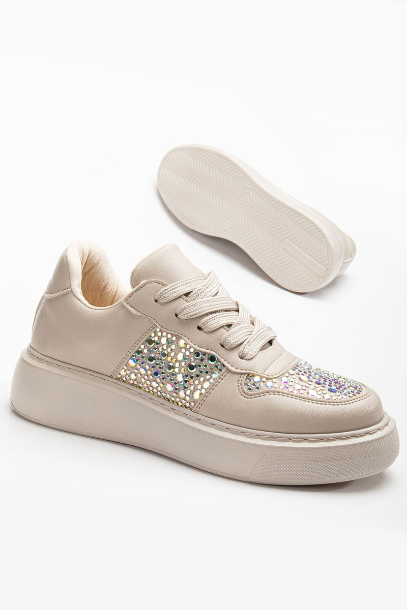Women's Beige Leather Stoned Sneakers - STREETMODE ™