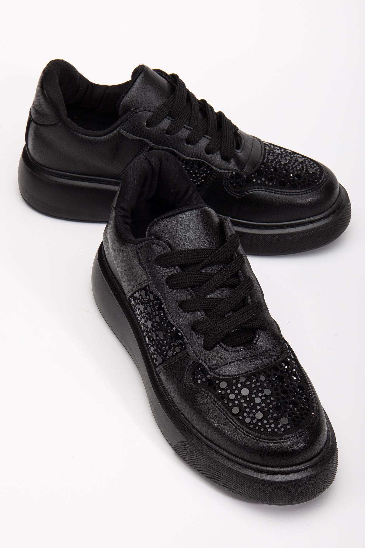 Women's Black Leather Stoned Sneakers