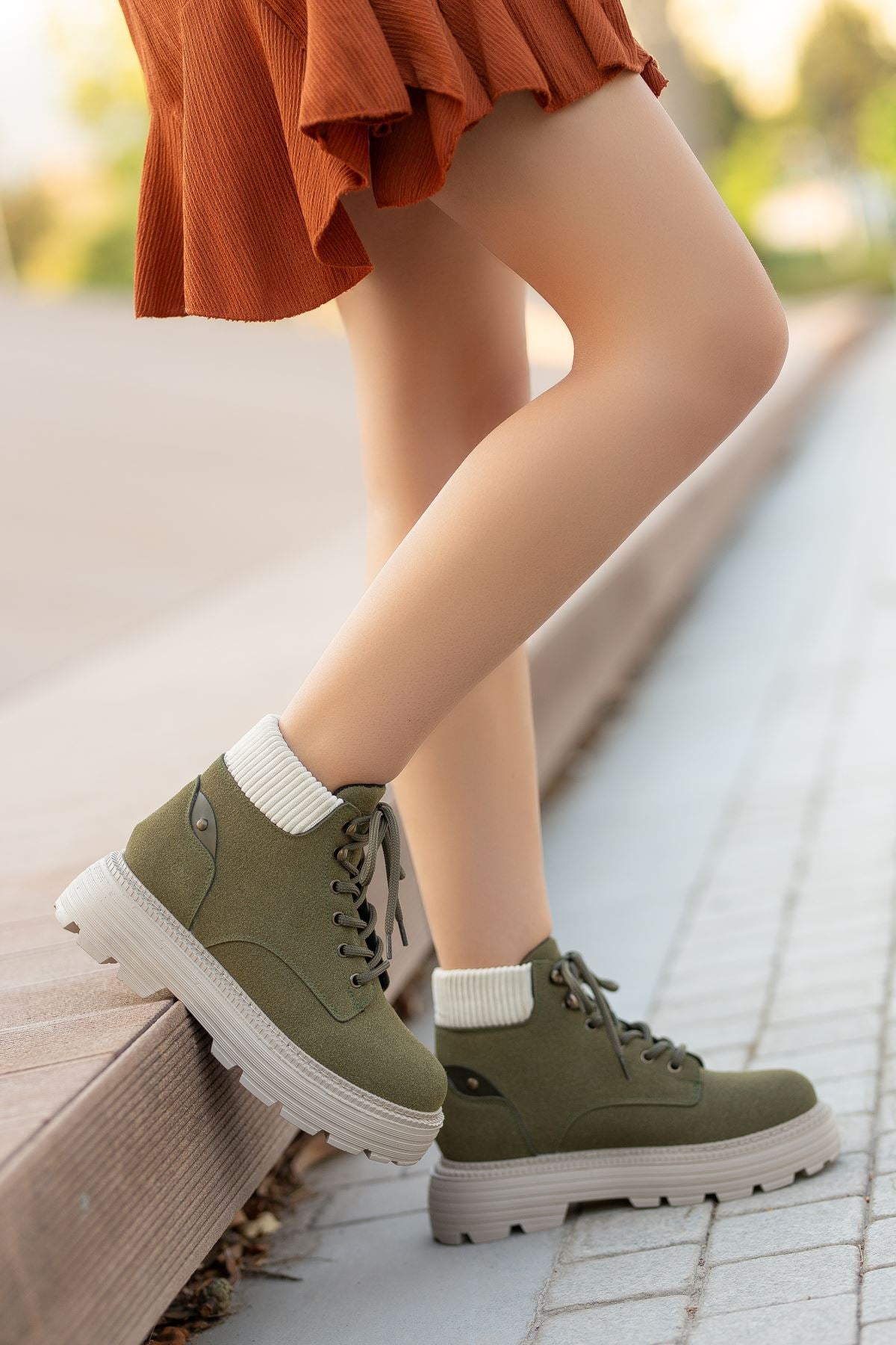 Khaki Cat Lace Detail Women's Boots - STREETMODE ™