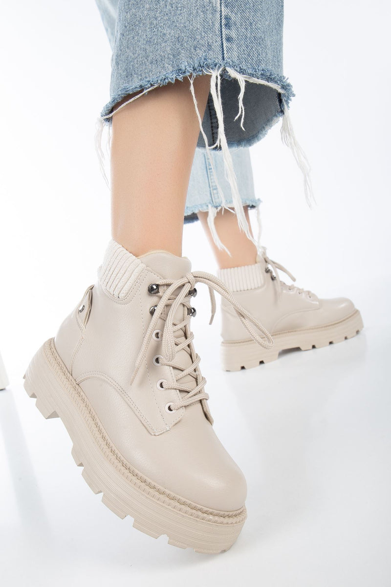 Cream Skin Cat Lace Detail Women's Boots - STREETMODE ™