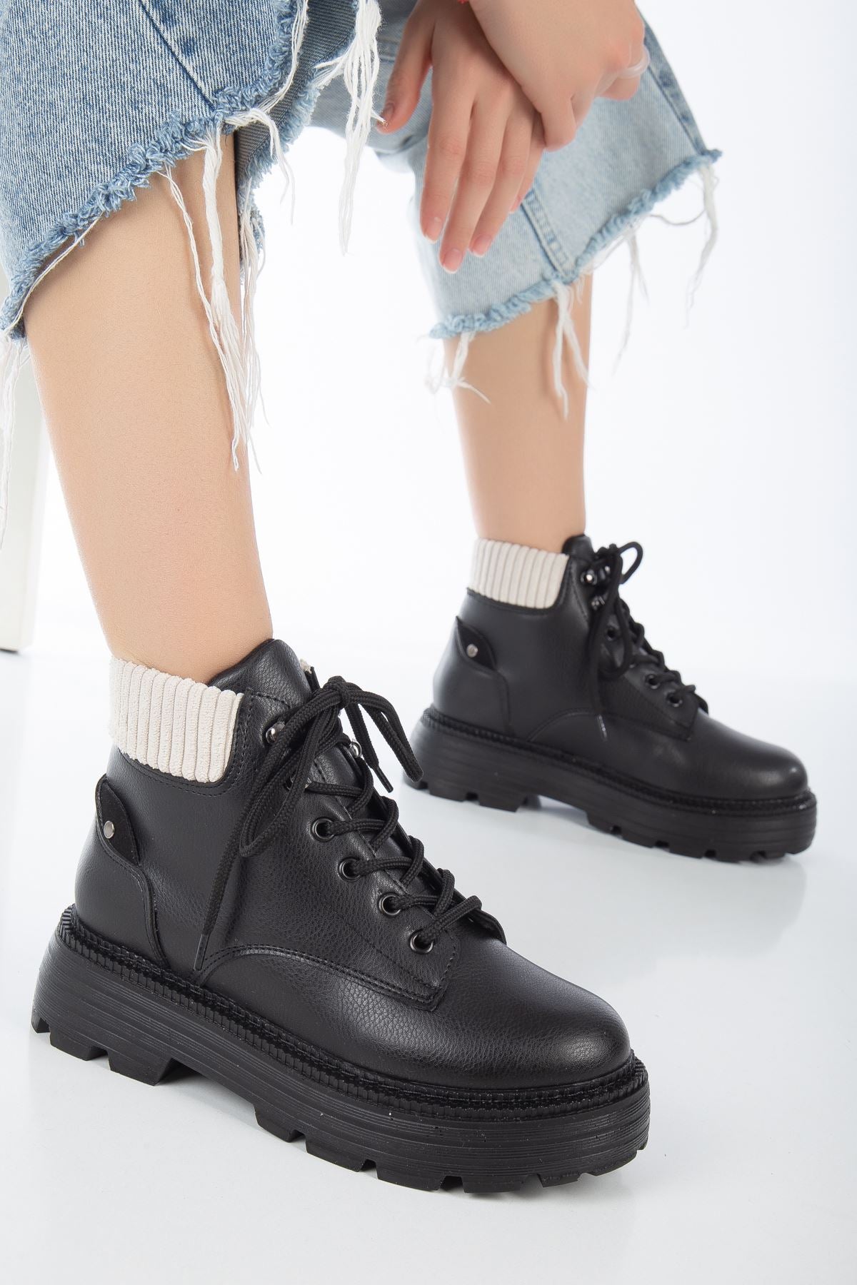 Black Leather Cat Lace Detail Women's Boots - STREETMODE ™